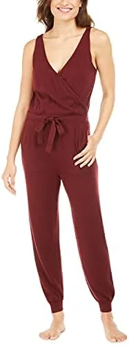 alfani womens one piece knit jogger lounging pajama jumpsuit dried berry small